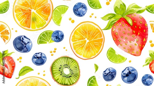 Vibrant Watercolor Fruit Patterns, Colorful Colors, Kiwi, Orange, Strawberry
