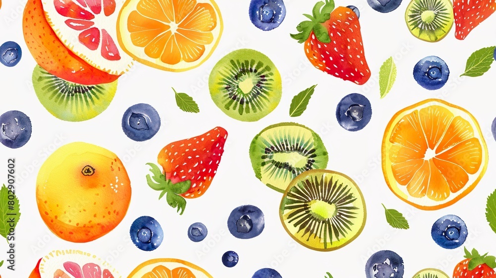 Fruit Pattern on White Background, Summer Colors, Watercolor Style, Kiwi, Orange, Blueberry