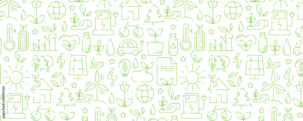 Ecology seamless pattern, green linear icons. Environmental improvement, sustainability, recycle, renewable energy. Eco friendly vector banner. For cover, wrapping paper, textile print.