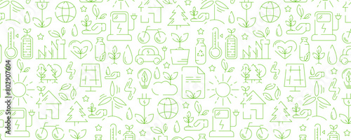 Ecology seamless pattern, green linear icons. Environmental improvement, sustainability, recycle, renewable energy. Eco friendly vector banner. For cover, wrapping paper, textile print.