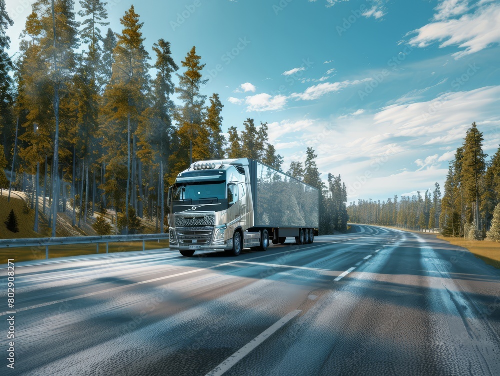 A vehicle on the road with a summer and sunny landscape background, sun, blue sky A vehicle on the road with a summer and sunny landscape background, sun, blue sky