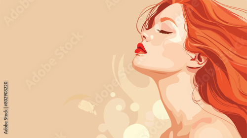 Beautiful redhead woman on beige background with spac