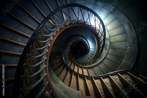 Artistic Shot of a Shadowy Staircase Spiraling Downwards
