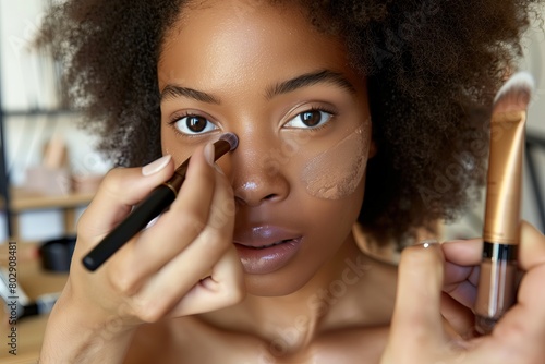 Makeup application. A mulatto make-up model. Tutorial. A makeup artist applying foundation with a makeup brush on the African American woman's face. Visagiste. Afro. Flawless skin. Texture. Self-care photo