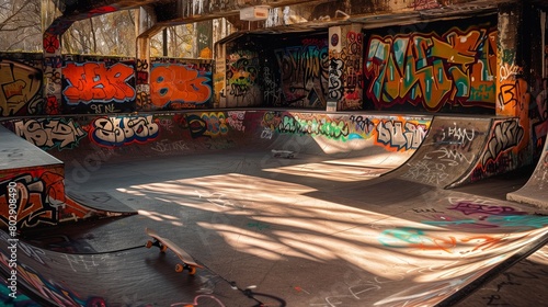 Urban skate park with graffiti-covered ramps. photo