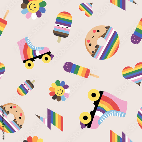 Pride Month seamless pattern, vector illustrations in rainbow colors for LGBTQIA+ community, diversity, equality, gay, lesbian, transgender, queer, with retro symbols like rollerblades, flash, heart