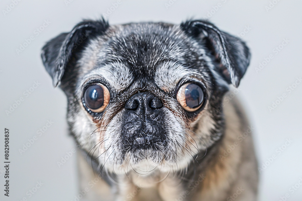 Very old Pug dog with gray hair on white background