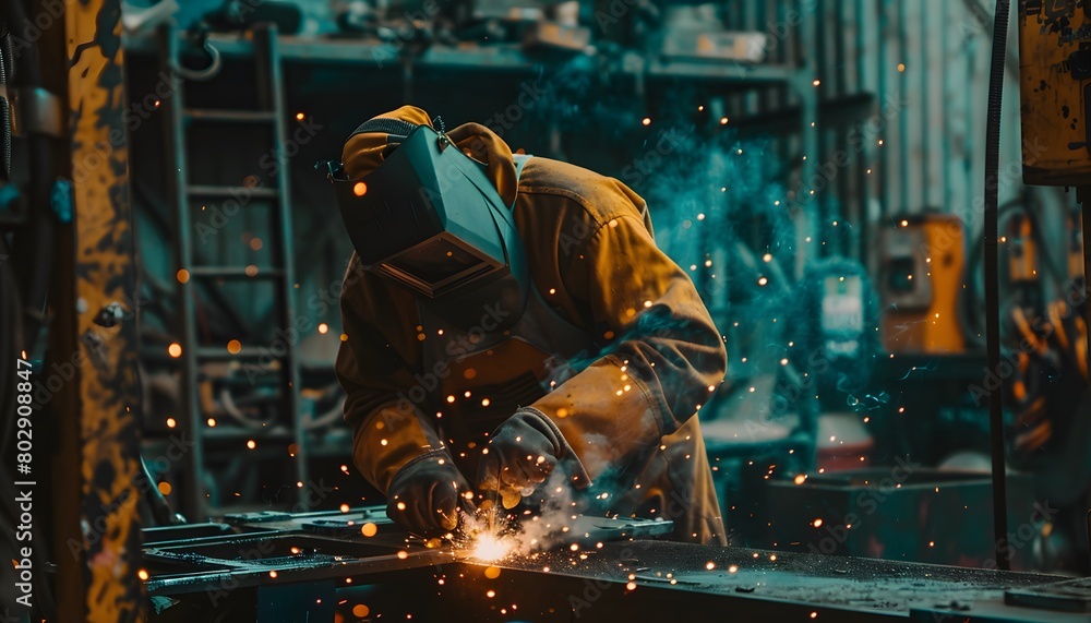 A worker is welding metal pieces in the factory, sparks flying around him A worker is welding metal pieces in the factory, sparks flying around him