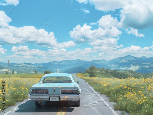 A vehicle on the road with a summer and sunny landscape background, sun, blue sky
