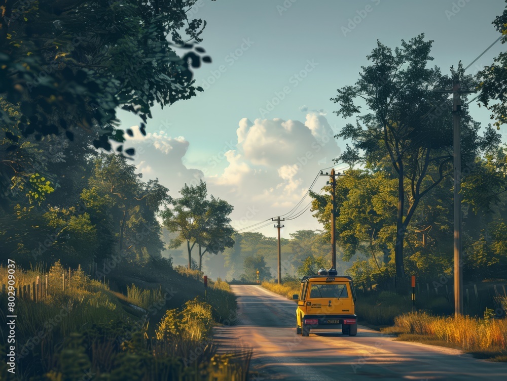 Obraz premium A vehicle on the road with a summer and sunny landscape background, sun, blue sky