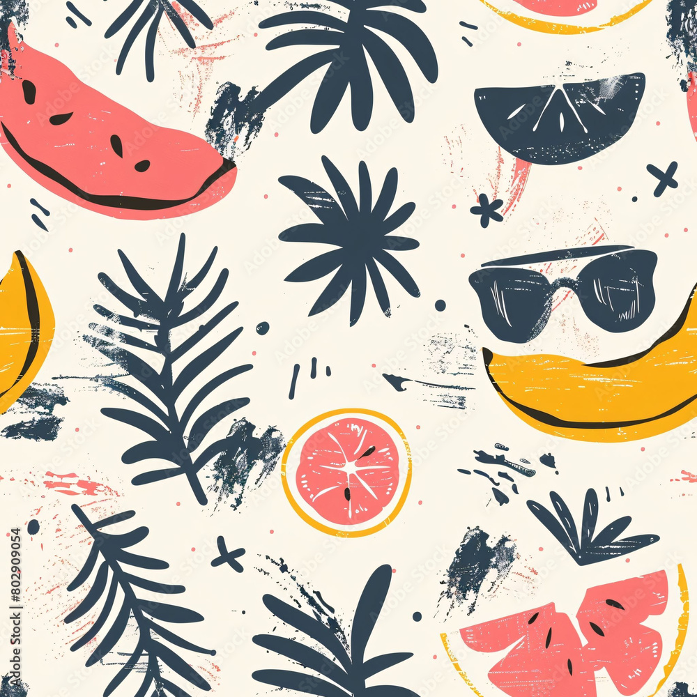 Obraz premium A colorful and whimsical floral summer pattern with various fruits and flowers