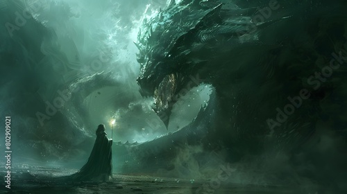 A figure draped in a cloak stands before a massive dragon, a dance of red and blue energies swirling around them in a scene of mystic confrontation.