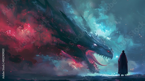 A figure draped in a cloak stands before a massive dragon  a dance of red and blue energies swirling around them in a scene of mystic confrontation.