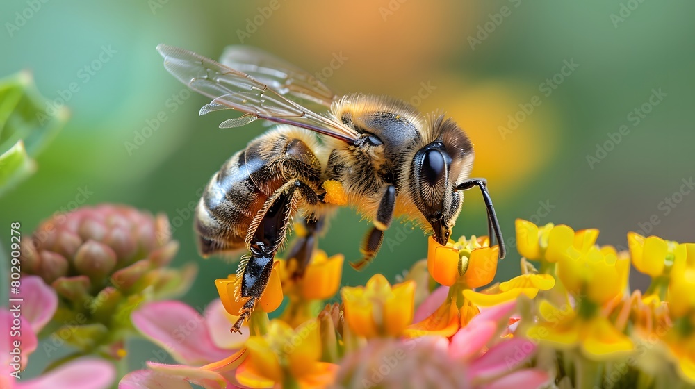 Close-up of a honeybee gathering nectar from vibrant spring flowers, showcasing the essential role of bees in nature. Close-up of a honeybee gathering nectar from vibrant spring flowers, showcasing the essential role of bees in nature.