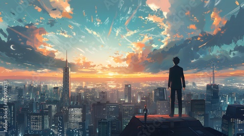 A solitary man stands atop a skyscraper, gazing over a vast city bathed in the warm glow of a sunset.