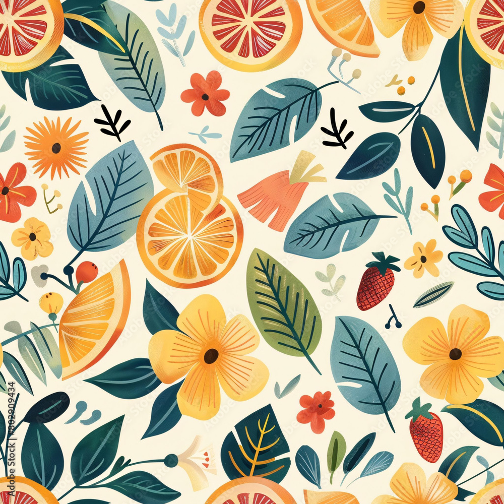 Fototapeta premium A colorful and whimsical floral summer pattern with various fruits and flowers
