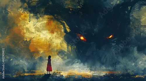 Dramatic digital art of a young boy bravely facing a colossal, fiery beast with glowing red eyes in a dark, mystical setting.