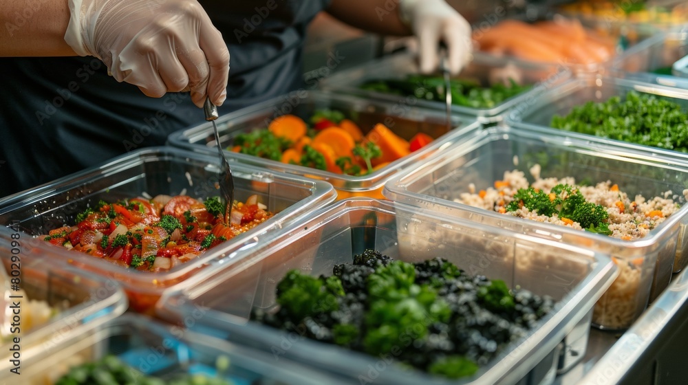 Worker preparing healthy meals in disposable containers at professional kitchen