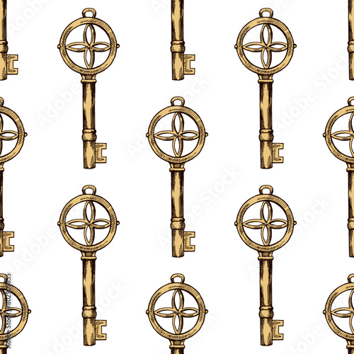 Hand-drawn colored seamless pattern of vintage decorative keys sketches with intricate forging. Ink and pen drawing illustration.