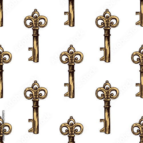 Hand-drawn colored seamless pattern of vintage decorative keys sketches with intricate forging. Ink and pen drawing illustration.