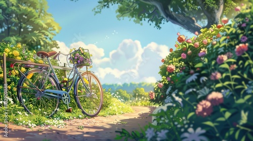 World Bicycle Day concept. World bicycle day background. Environment preserve. vintage bicycle adorned with colorful flowers. Bicycle in the park photo