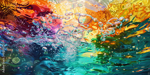 Bold splashes of color collide and merge in the water  creating a dynamic interplay of light and shadow that captivates the senses.