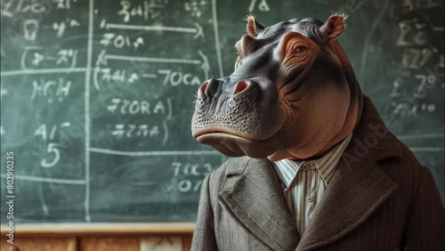 Confident hippopotamus  as a teacher in a jacket stands in the lecture hall in front of the blackboard photo