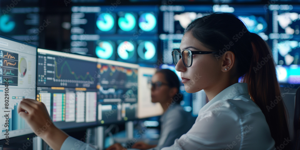 Female young Data Scientist Reviewing Reports Of Risk Management Department On Big Digital Screen In Monitoring Room Female young Data Scientist Reviewing Reports Of Risk Management Department On Big Digital Screen In Monitoring Room