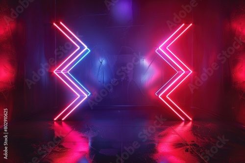 abstract minimalist geometric background. Two counter neon arrows approaching each other. Duality concept
