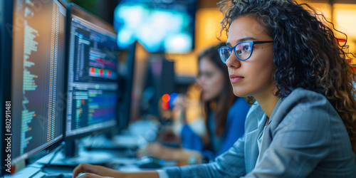 Female young Data Scientist Reviewing Reports Of Risk Management Department On Big Digital Screen In Monitoring Room