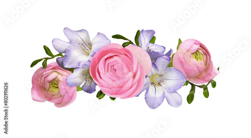 Pink ranunculus flowers and purple freesia in a beautiful floral arrangement isolated on white or transparent background