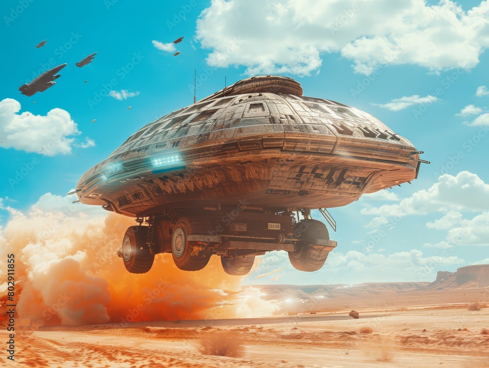 Scene of a vehicle and an alien ship in a summer desert background , some explosions of fire Scene of a vehicle and an alien ship in a summer desert background , some explosions of fire