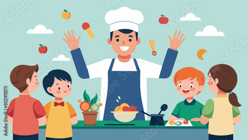 A person with autism leading a cooking class sharing their expertise on different cuisines and techniques as they prepare a delicious meal.. Vector illustration