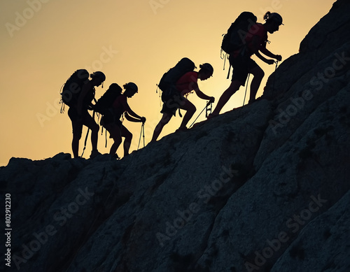 Silhouette of male and female hikers climbing a mountain cliff, depicting the concepts of help and teamwork.