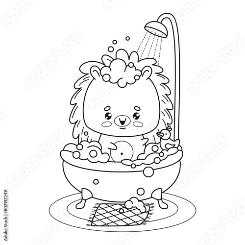 Cute cartoon hedgehog bathes in bath with foam and rubber duck in shower. Outline funny kawaii animal character. Line drawing, coloring book. Vector illustration. Kids collection