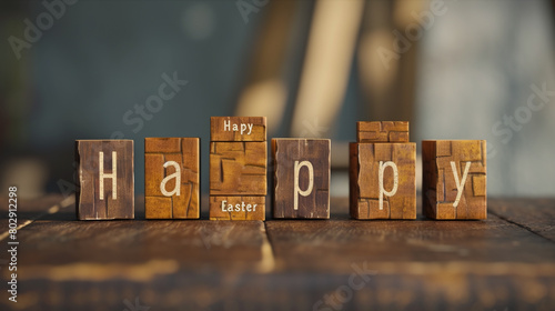 A wooden block set forming the words "Happy Easter" arranged neatly on a flat surface.