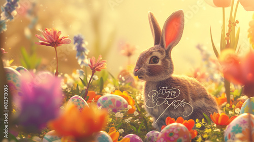 A whimsical Easter scene with a curious bunny exploring a field of colorful eggs and blooming flowers, the words "Happy Easter" written in swirling script against a backdrop of golden sunlight.