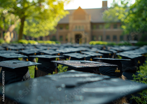 Graduation caps are placed on the lawn of the University of Michigan. photo