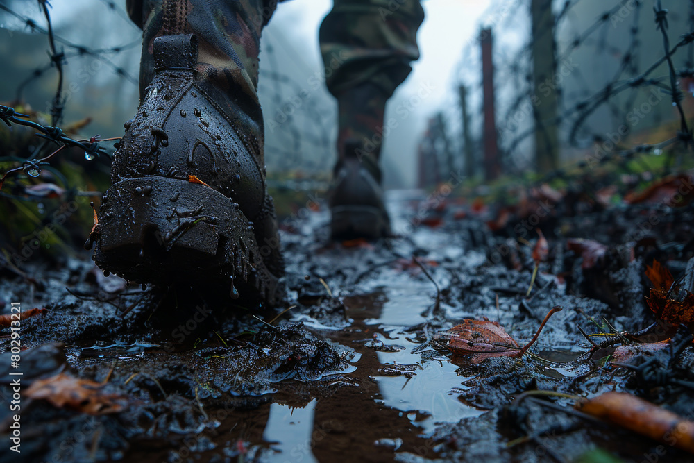 Soldier walks on muddy road with his boots and pants covered in mud. Soldier walks on muddy road with his boots and pants covered in mud.