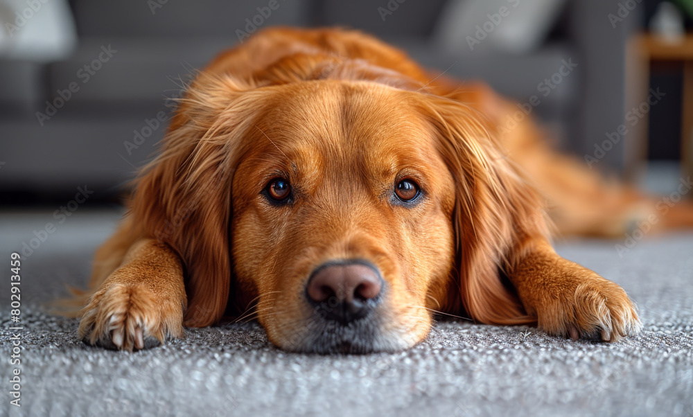 Cute golden retriever dog lying on the carpet at home