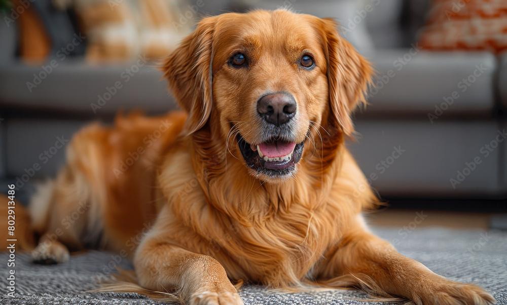Happy golden retriever is lying on the floor in the living room Happy golden retriever is lying on the floor in the living room