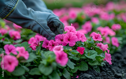 Gardener is taking care of pink flowers in the garden