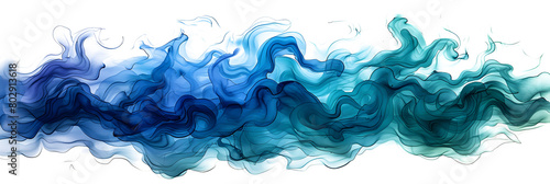 Blue and green swirling watercolor paint on transparent background.