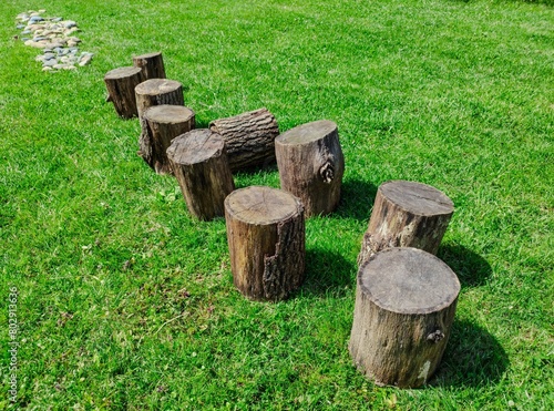 A route to be done barefoot: wooden logs on a lawn followed by one of rounded stones. Beautiful sunny day.
