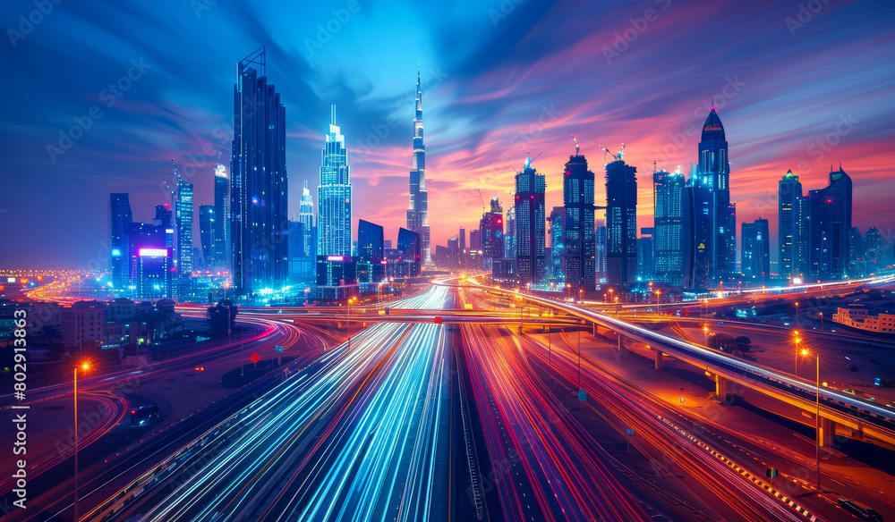 Scenic nighttime skyline of Dubai UAE. Aerial view on highways and skyscrapers in the distance. Scenic nighttime skyline of Dubai UAE. Aerial view on highways and skyscrapers in the distance.