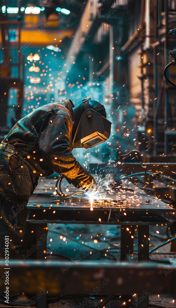 A worker is welding metal pieces in the factory, sparks flying around him A worker is welding metal pieces in the factory, sparks flying around him