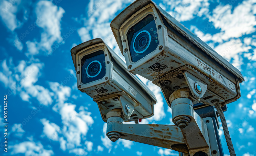 Two surveillance cameras are mounted on pole against blue sky Two surveillance cameras are mounted on pole against blue sky