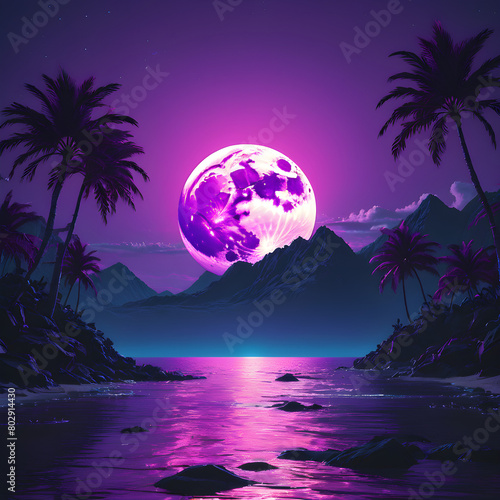 night landscape with palm trees and moon
