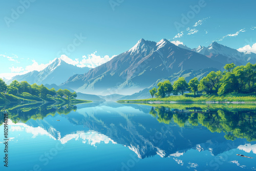 illustration of morning fog over a beautiful lake surrounded surrounded by hills  trees and mountains. 