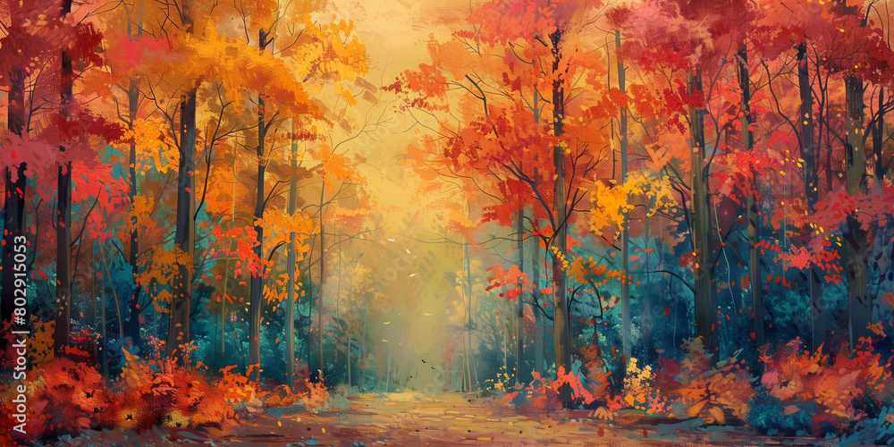 A vivid explosion of autumn hues adorns a dense forest, featuring striking reds, oranges, and yellows that spread warmth across the landscape.